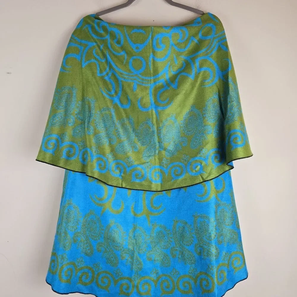 Pashmina Womens Reversible‎ Cape Gree Blue Paisley Cashmere Wrap Shawl One Size.